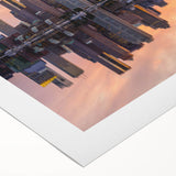 Art deco poster of Boston skyline in muted blue and gray tones on rolled canvas, ideal for dining room wall art.