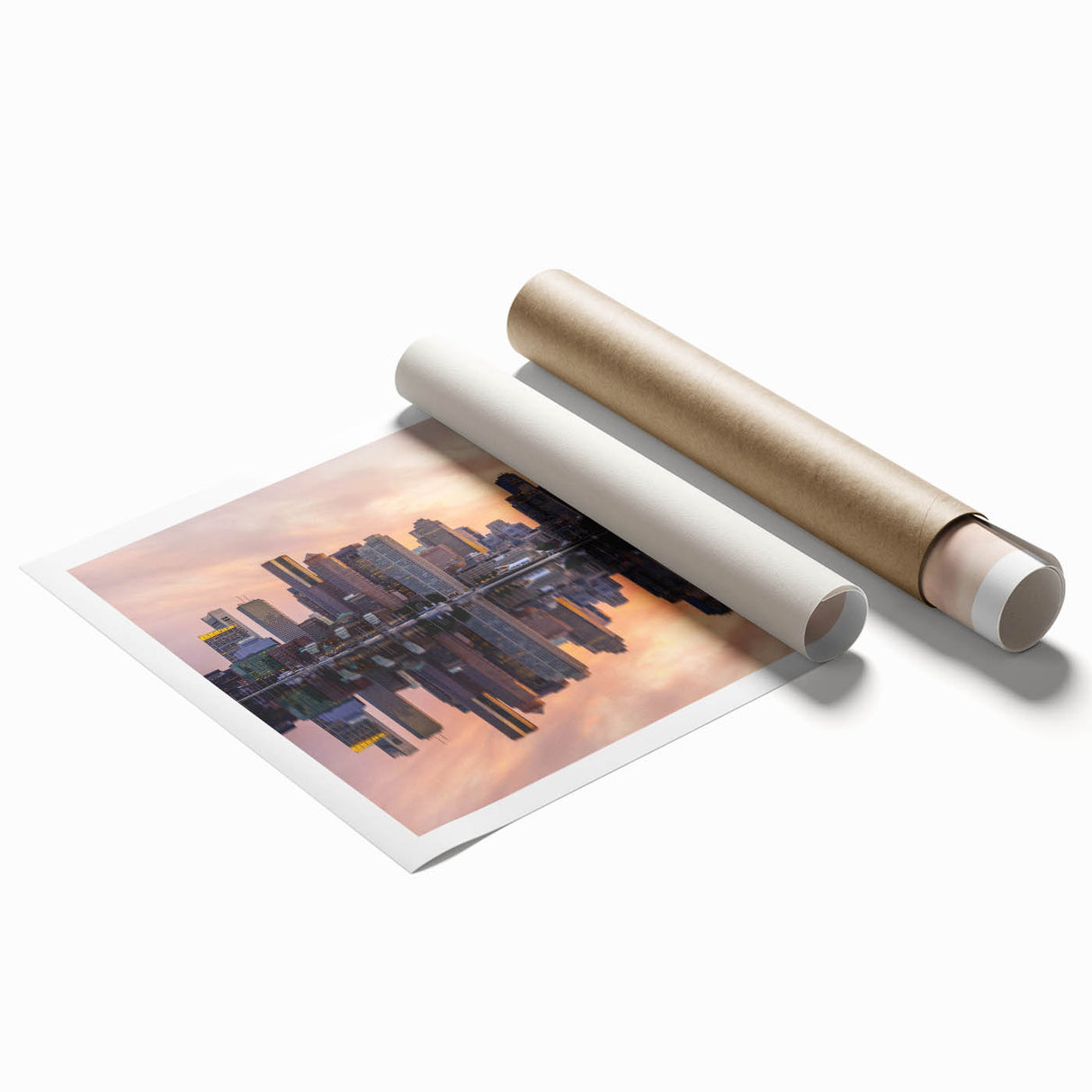 Extra large rolled canvas print featuring a serene Boston skyline with muted blue and grey tones.