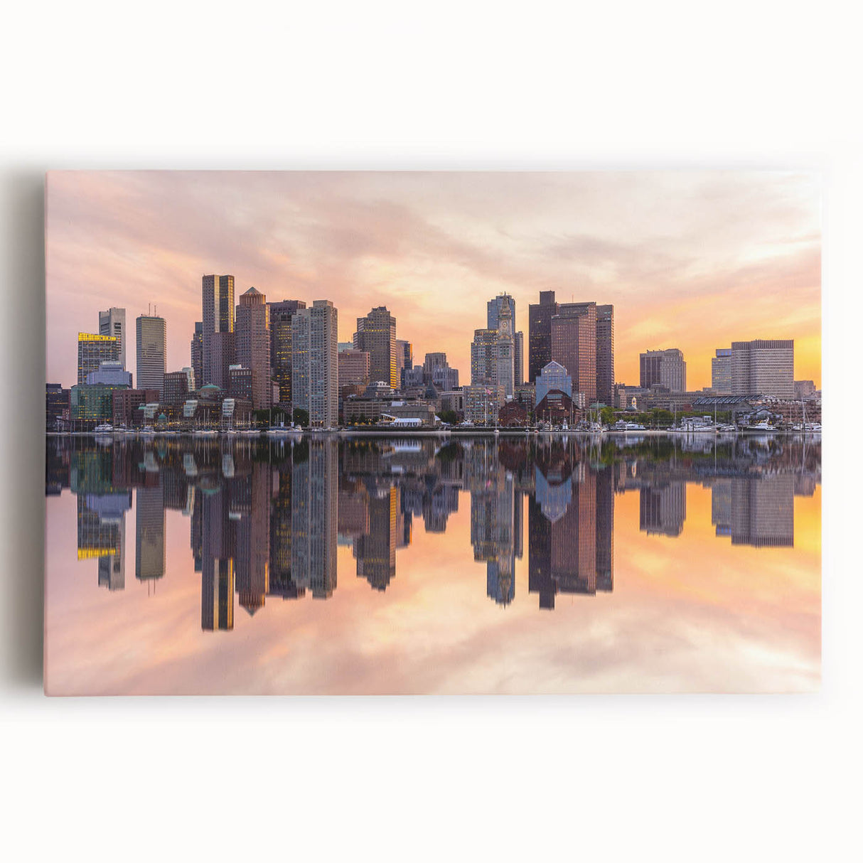 Black and white stretched canvas of Boston skyline, ideal for kitchen wall art.