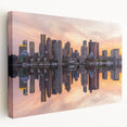 Panoramic view of Boston skyline in muted gray and blue tones on stretched canvas, suitable for kitchen wall art.