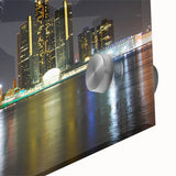 Large abstract depiction of Detroit skyline in muted gray and blue on acrylic glass, suitable for dining room art.