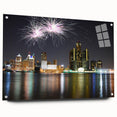 Acrylic print of Detroit skyline in muted gray tones, ideal for modern bedroom or dining room decor.