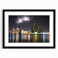 Extra large abstract art print of Detroit skyline in colorful, textured style on a black framed canvas.
