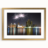 Extra large abstract art print of Detroit skyline in muted earth tones, framed in gold, ideal for living room decor.