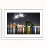 Abstract art print of Detroit skyline in muted gray and blue tones on a framed white mat.