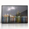 Large abstract wall art depicting the Detroit skyline in muted gray and blue tones on a framed acrylic print.