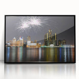 Large abstract wall art depicting the Detroit skyline in muted gray and blue tones on a framed acrylic print.