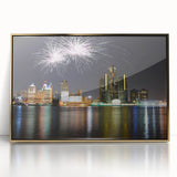 Large art print of Detroit skyline in gold and black tones on framed acrylic, ideal for modern art wall decor.
