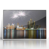 Art deco style poster of Detroit skyline in muted gray and blue tones, framed acrylic, ideal for modern art wall decor.