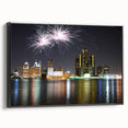 Black and white framed canvas of Detroit landscape with vintage poster art style, suitable for bedroom decor.