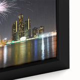 Extra large framed canvas of a textured, colorful depiction of the Detroit skyline with a black background.