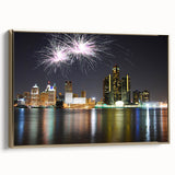 Framed canvas featuring a vintage-style landscape painting of Detroit, Michigan in black and gold tones.