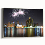 Framed canvas of a vintage Detroit landscape painting, featuring muted gray and black tones with colorful accents.