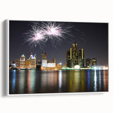Vintage poster art of Detroit skyline in colorful hues on a large framed canvas, ideal for living room decor.