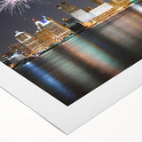 Art deco poster of Detroit skyline in muted metallic tones on rolled canvas, suitable for dining room decor.