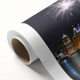 Art Deco style poster of Detroit skyline in muted blue and gray tones on rolled canvas, ideal for nursery wall art.