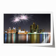 Detroit skyline in muted gray and blue tones on a rolled canvas, ideal for art wall dining room placement.