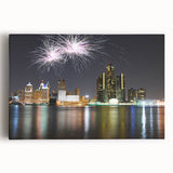 Black and white photo of Detroit skyline on large stretched canvas, suitable for kitchen wall art.