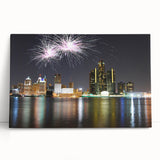 Large black and white stretched canvas of Detroit skyline, ideal for kitchen wall art or bedroom ambiance.