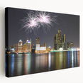 A panoramic view of Detroit skyline in muted gray shades, printed on stretched canvas, suitable for kitchen wall art.