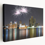 A panoramic view of Detroit skyline in muted gray shades, printed on stretched canvas, suitable for kitchen wall art.