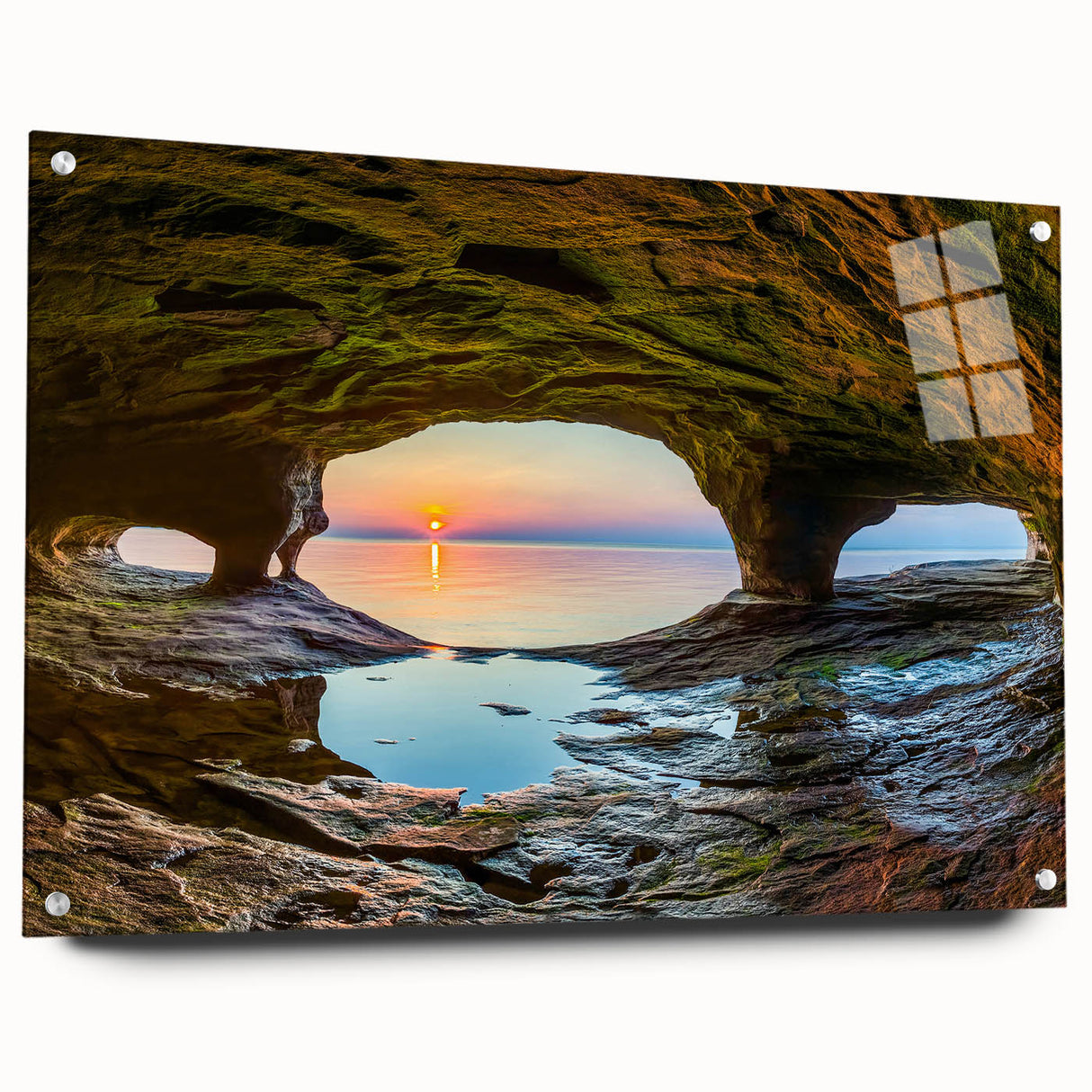 Acrylic glass wall art depicting a serene Michigan Upper Peninsula landscape, in muted green and blue tones.