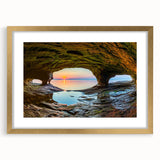 Extra large abstract art print of Michigan's Upper Peninsula in textured gold frame, ideal for living room decor.
