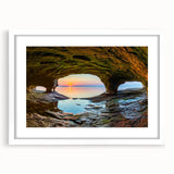 Abstract art print of Michigan's Upper Peninsula in muted earth tones, framed with a white mat.