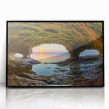 Large abstract wall art depicting Michigan's Upper Peninsula in muted earth tones, framed in black acrylic.