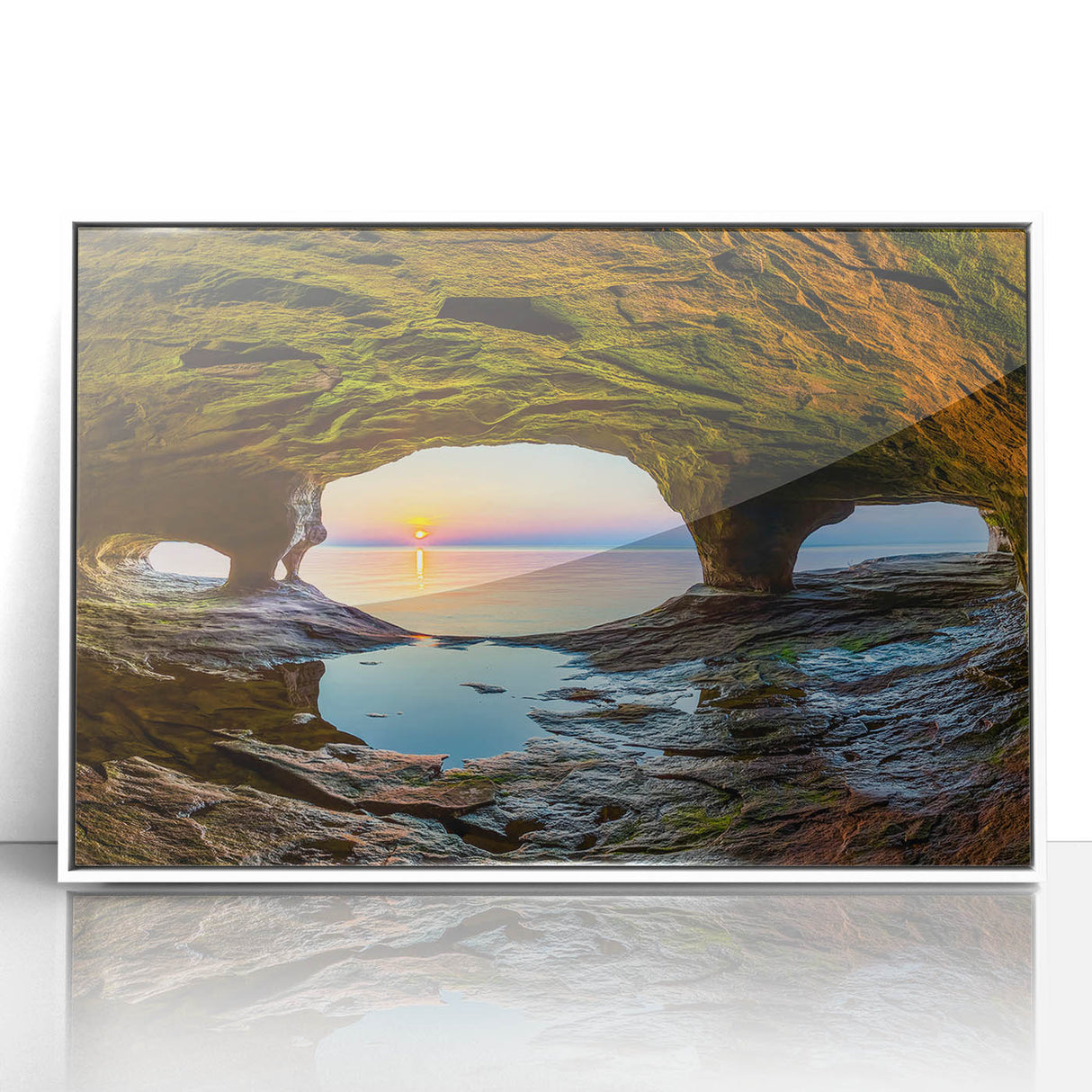 Acrylic print of a serene Michigan Upper Peninsula landscape, framed in white.
