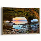Framed canvas wall art depicting a serene Michigan Upper Peninsula landscape in muted earth tones, ideal for bedroom decor.