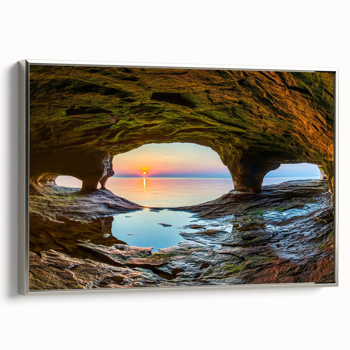 Landscape art painting of Michigan's Upper Peninsula on a framed canvas, featuring muted earth tones and silver frame.