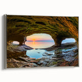 Landscape art painting of Michigan's Upper Peninsula on a framed canvas, featuring muted earth tones and silver frame.