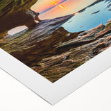 Art deco poster depicting the Michigan Upper Peninsula in muted green and blue tones on rolled canvas.