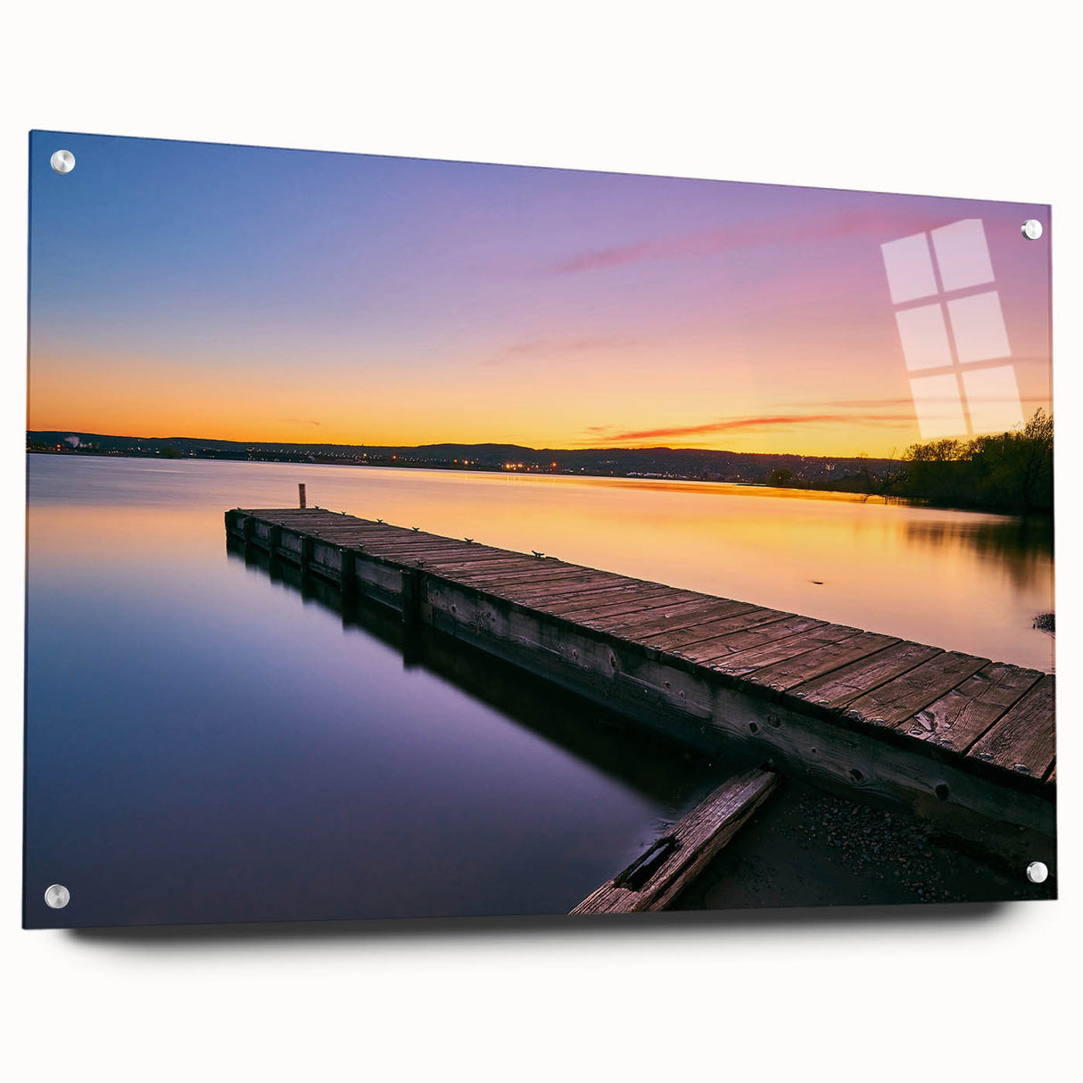 Acrylic print of a large abstract depiction of Minnesota scenery in cool blue and gray tones, ideal for dining room decor.