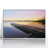 Acrylic print of a serene Minnesota landscape in muted green and blue tones, framed in white.