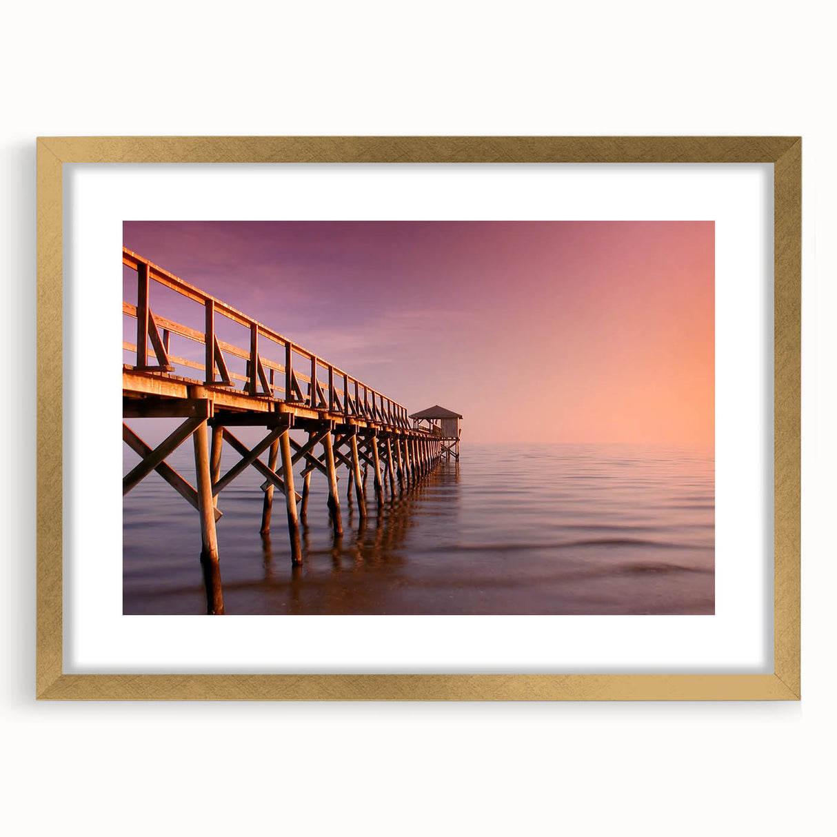 Extra large abstract art print of a textured Mississippi scenery in muted earth tones, framed in gold.