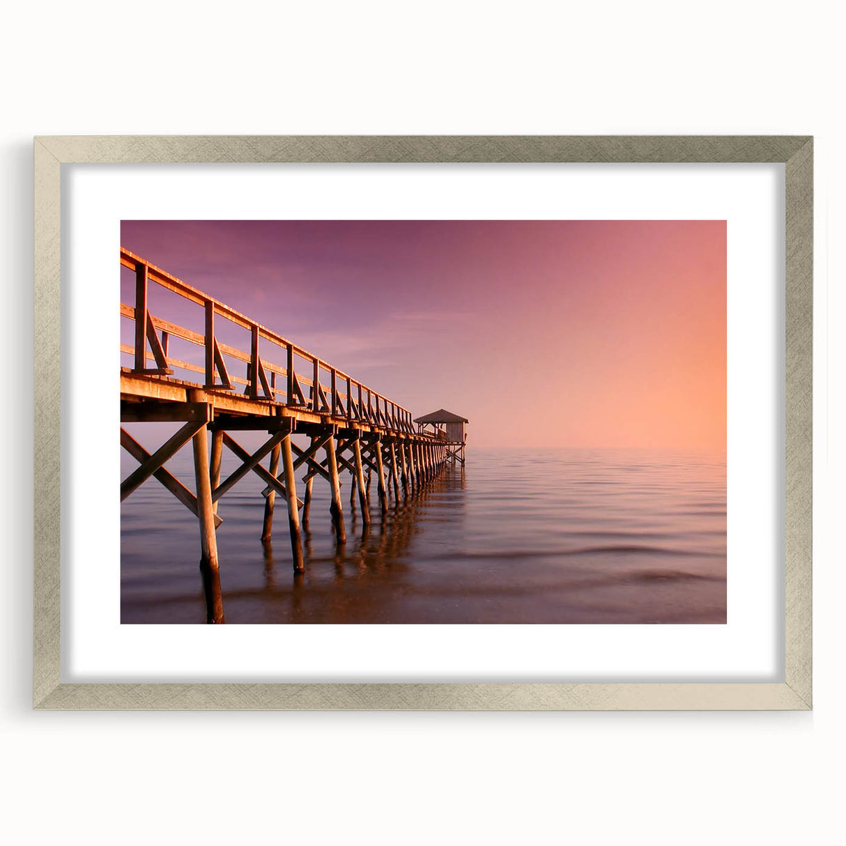 Textured abstract art print depicting a muted Mississippi scenery on a framed silver mat, ideal for bedroom art.