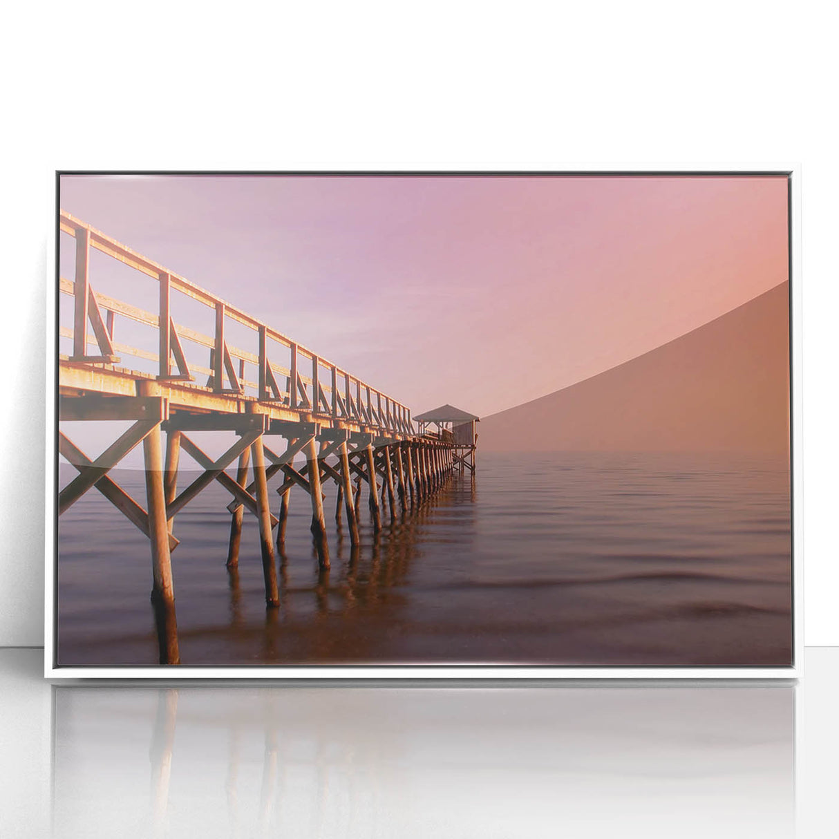 Acrylic print of a serene Mississippi landscape in pastel colors, framed in white, ideal for nursery wall art.