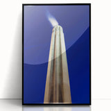 Large abstract depiction of Kansas City skyline in muted gray and blue tones on framed acrylic, suitable for dining room art.