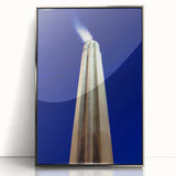 Mid-century modernist art of Kansas City skyline in muted colors on silver-framed acrylic.