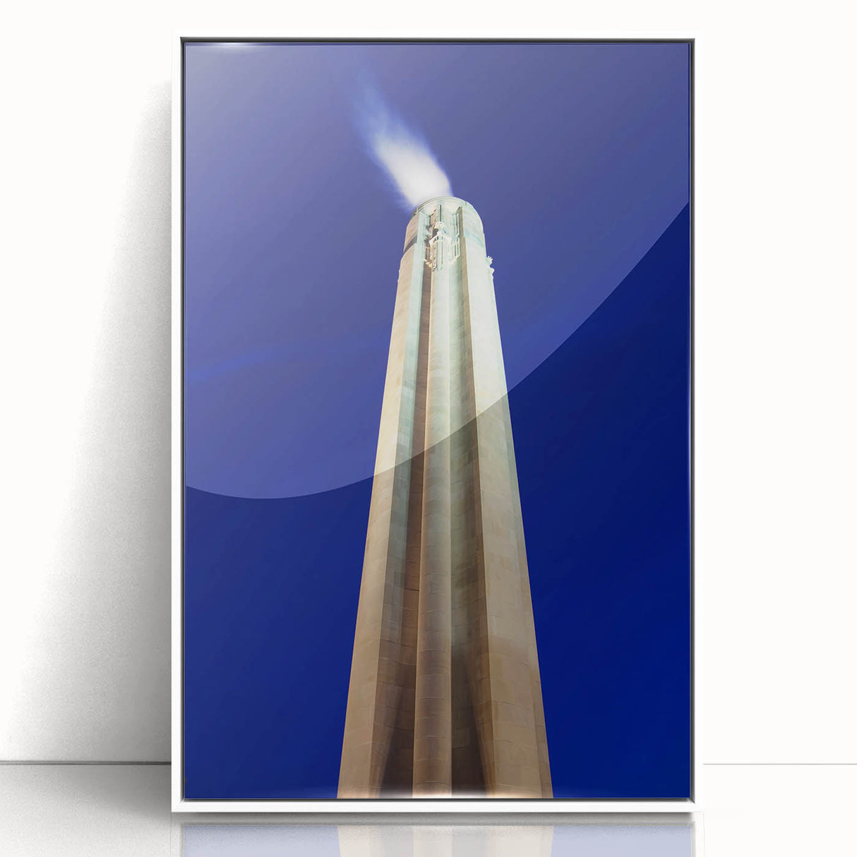 Mid-century modernist art of Kansas City skyline in muted colors on a white-framed acrylic, ideal for nursery wall art.