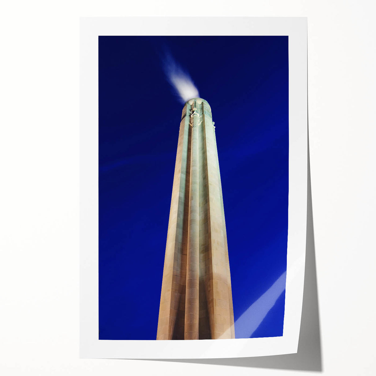Art deco poster of Kansas City skyline in muted gold and blue tones on rolled canvas, suitable for dining room wall art.