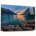 Acrylic print of Glacier National Park in muted earth tones, ideal for dining room decor.