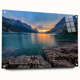 Acrylic print of Glacier National Park in muted earth tones, ideal for dining room decor.
