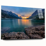 Large abstract depiction of Glacier National Park in muted earth tones on acrylic glass.