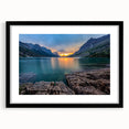 Extra large framed wall art of an abstract Glacier National Park scene in vibrant colors, ideal for living room decor.