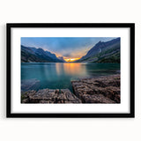 Extra large framed wall art of an abstract Glacier National Park scene in vibrant colors, ideal for living room decor.