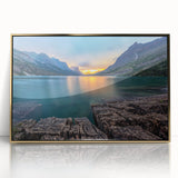 Acrylic print of Glacier National Park with serene lake and mountain scene in gold frame, suitable for modern art wall decor.