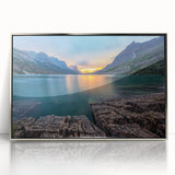 Mid-century modernist art depicting Montana's Glacier scenery in muted blue and white tones on a silver-framed acrylic print.